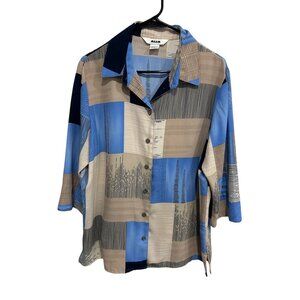 Alia Blue Beige Abstract Patchwork Print Button-Up Blouse Size 16 Artsy Boho